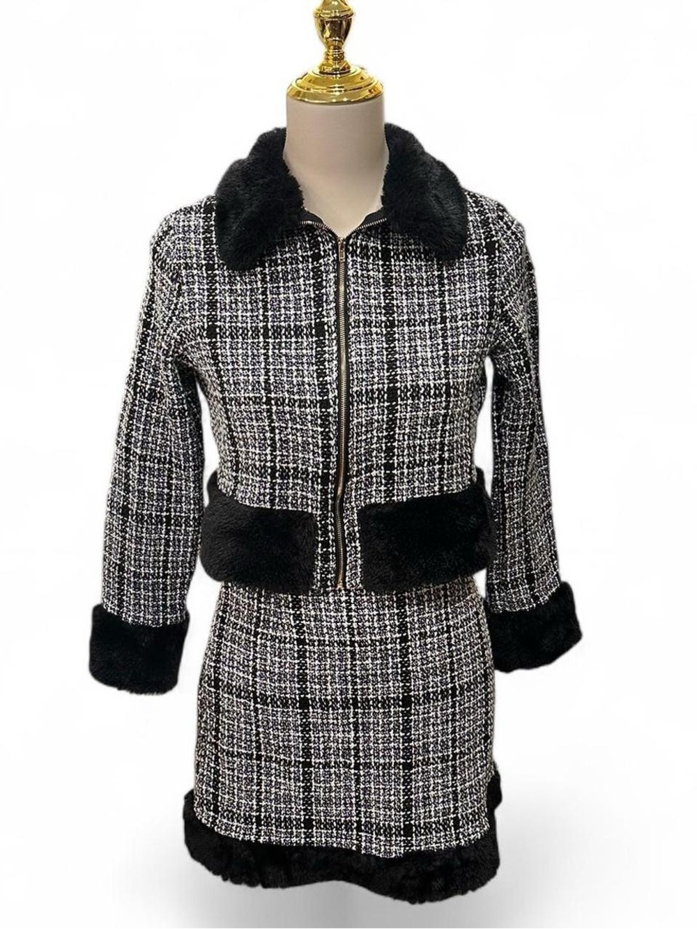 SHEIN Cropped Black & White Tweed Jacket with Faux Fur Trim and Skirt Set